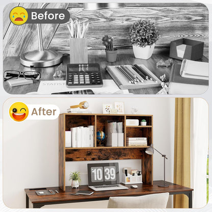 Desktop Bookshelf, Countertop Storage Hutch with 5 Shelves for Computer Desk, Desk 3-Tier Display Rack, Multipurpose Wood Desktop Hutch Storage Organizer for Dorm Office Home