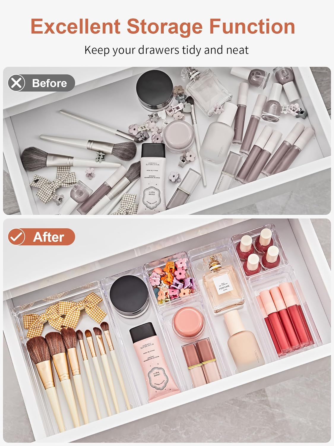 SMARTAKE Drawer Organizer with Non-Slip Silicone Pads, 5-Size Desk Drawer Organizer Trays Storage Tray for Makeup, Jewelries, Utensils in Bedroom Dresser, Office and Kitchen (Clear)