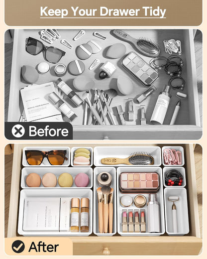 KEMETHY 25 PCS Plastic Drawer Organizers Set, 4 Sizes Vanity Organizer, Makeup and Desk Drawer Organizer Trays, Organization and Storage for Makeup, Bathroom, Kitchen Utensils and Office (Black)