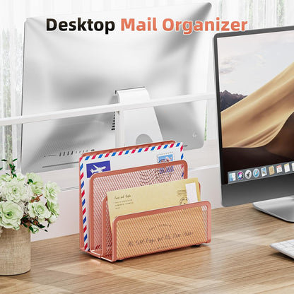 Marbrasse Mail Organizer for Desk, 3-Slot Mesh Metal Mail Holder countertop, Letter Holder, Office Desktop Envelope and Document Storage Rack (2P)