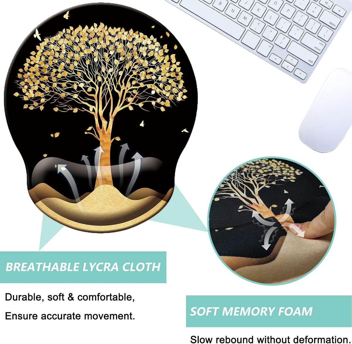 Mouse Pad with Wrist Support, Ergonomic Mouse Pad with Memory Foam Wrist Rest Cushion, Non-Slip Rubber Base Gaming Mice Pad for Home Office Computer Laptop, Flower Black