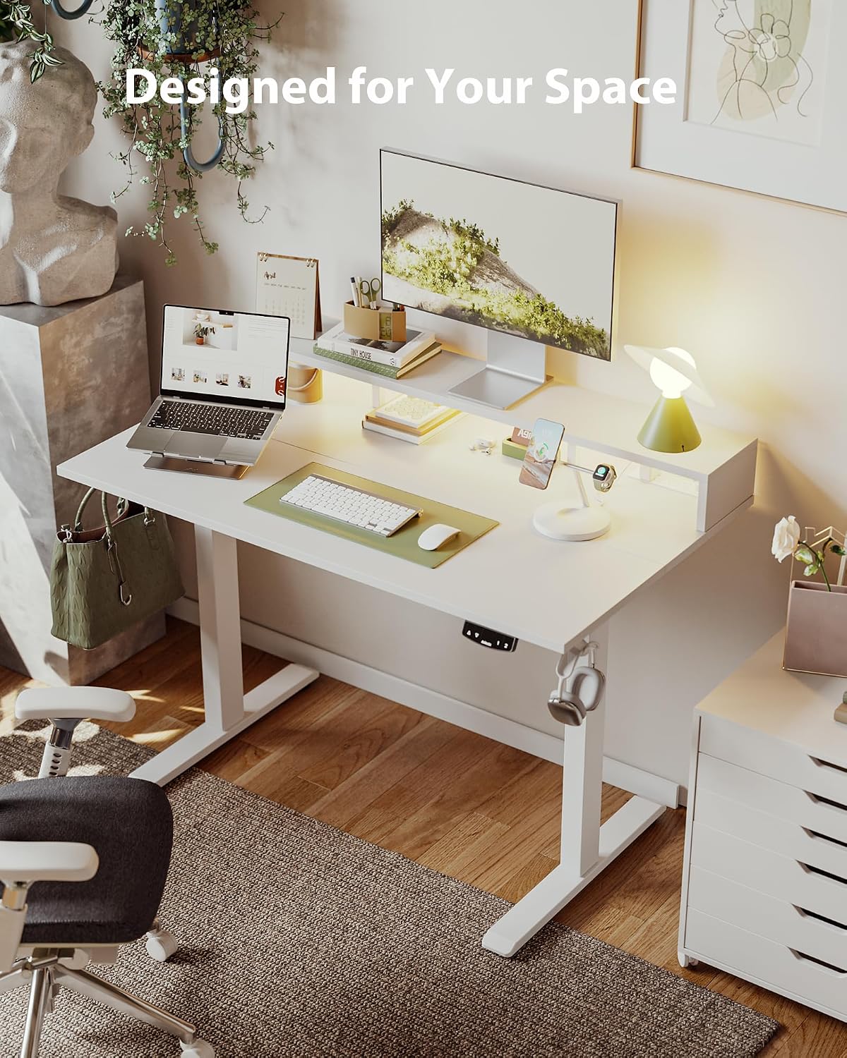 48 * 24 Inch Electric Standing Desk with Shelf & Led, Dark Walnut