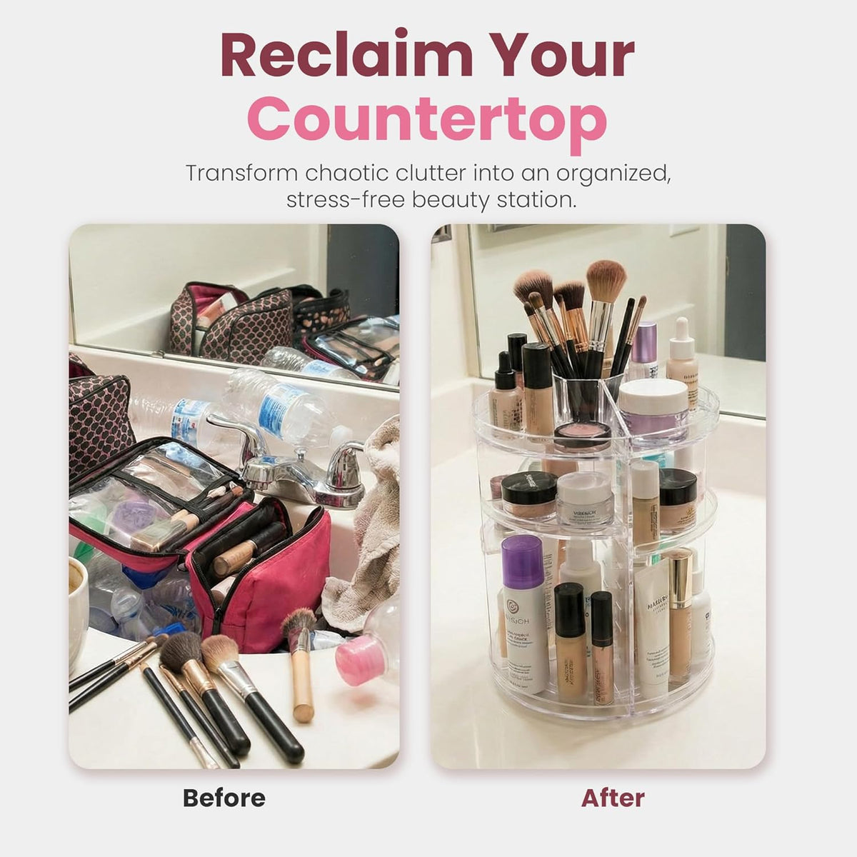 Masirs 360 Rotating Makeup Organizer Countertop - Adjustable Shelf Height - The Perfect Round Spinning Cosmetic Organizer for Bedroom Dresser or Vanity Countertop Storage (Clear)
