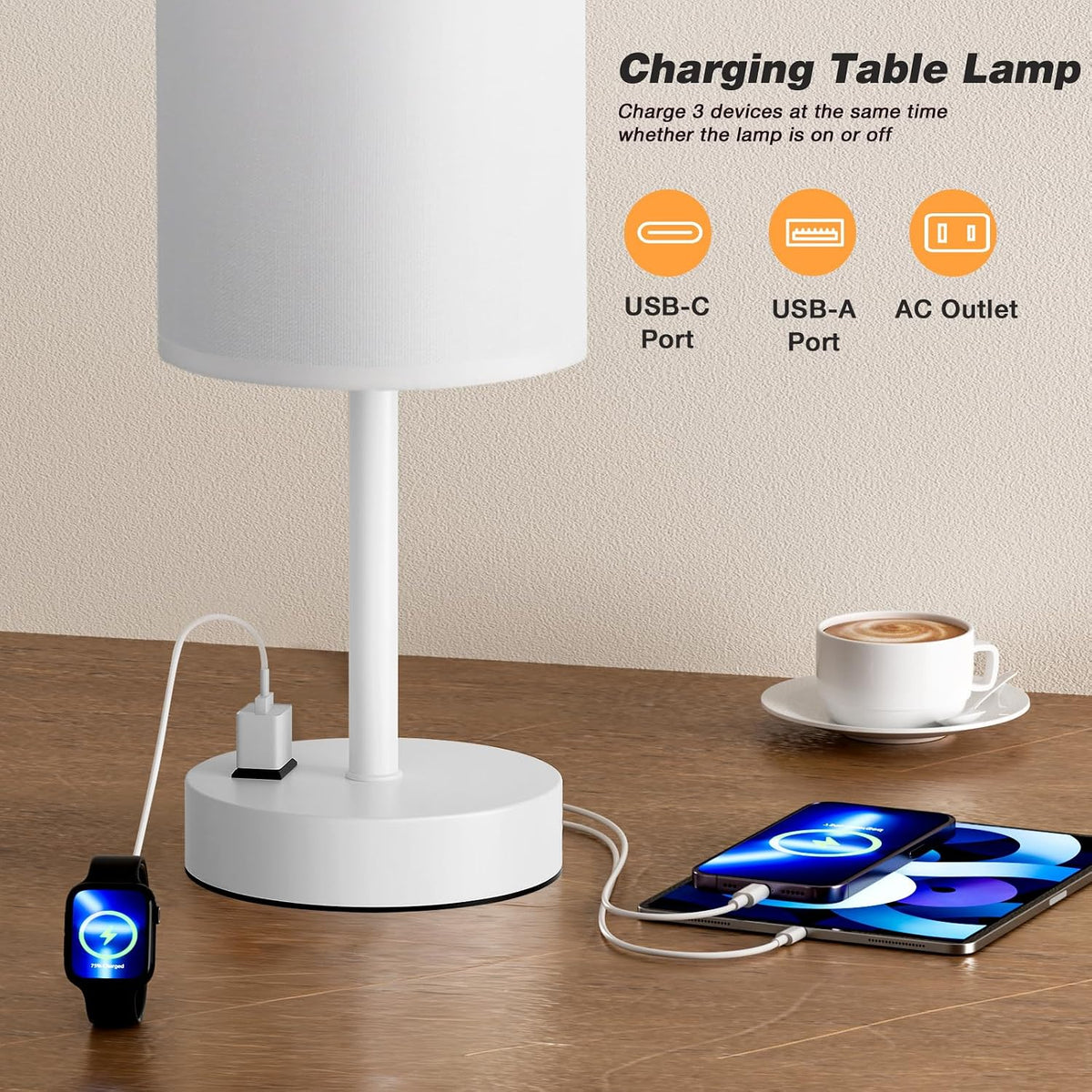 Fenmzee Bedside Table Lamp for Bedroom - Dimmable Touch, USB A+C, AC Outlet