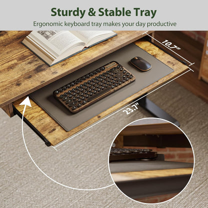 48 * 24 Inch Electric Standing Desk with Shelf & Led, Dark Walnut