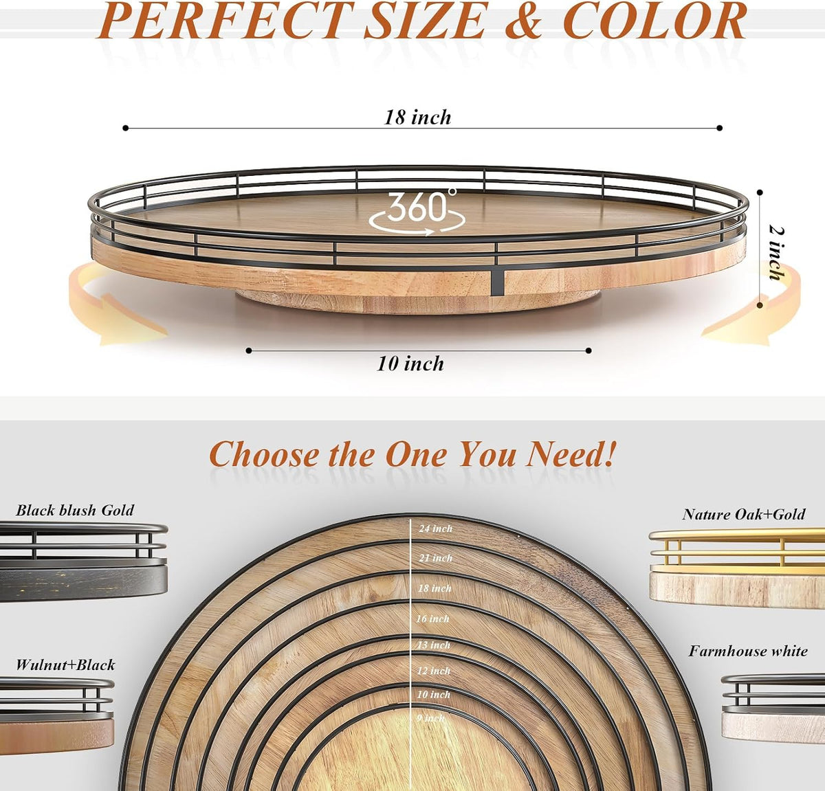 Farmhouse Oak 9" Lazy Susan Turntable Organizer for Cabinet, Round Wooden Lazy Susan Organization and Storage for Dining Table, Pantry, Kitchen, Countertop, Cupboard,Home Decor, Walnut Wood