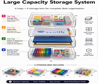 DCA Large Capacity Desk Organizer, 4 Tier Paper Organizer, File Organizer for Desk, Stackable Paper Tray for Office, Home and School