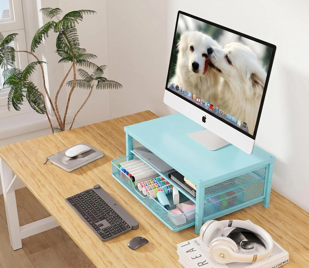 Desk Organizers and Accessories, Computer Monitor Stand Riser with Drawer and 2 Pen Holders, Printer & Laptop Stand, Office Desk Accessories & Workspace Organizers for Home Office Supplies, Black