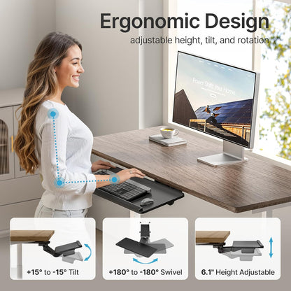 PEGZONE Keyboard Tray Under Desk Slide Out, 25 x 11 inch, Black | with Storage Drawer, Height Adjustable Swivel Tilt, Ergonomic Under Desk Mount Keyboard & Mouse Holder for Gaming Home Office