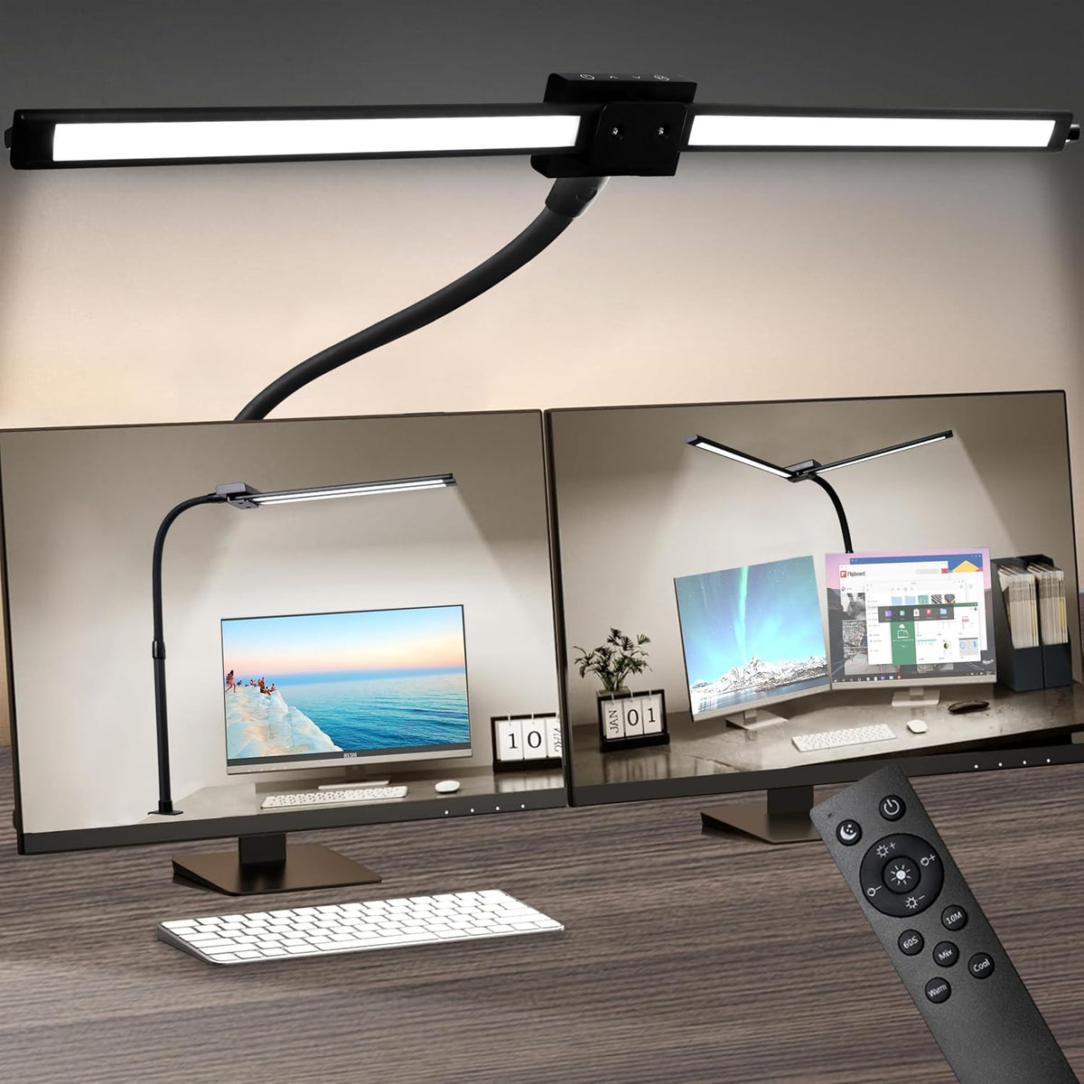 BAYSQUIRREL Led Desk Lamp with Clamp,Desk Light with Human Sensor,Gooseneck Remote Eye Protection Desk Lighting,24W Ultra Bright Stepless Dimming and Tempering LED Desk Lamp for Home Office, Bedroom