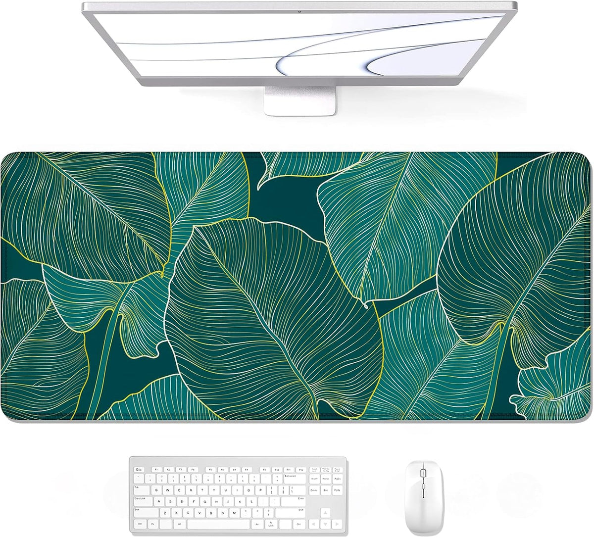 Auhoahsil Desk Mat, Ultra Large Mouse Pad, XXL Gaming Mousepad, Green Tropical Leaves Deskpad, Big Extended Full Size Mouse Pad, Desktop Desk Matt for Keyboard, Laptop & Computer, 35.5 x 15.7 in - Colors A
