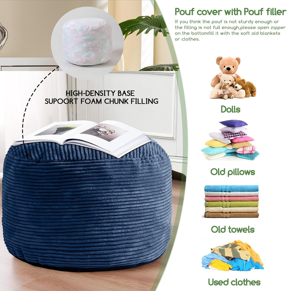 Round Stuffed Pouf Ottoman, Corduroy Poufs with Foam Chunk Filling, Furry and Fluffy Pouf Foot Stool Storage Ottoman, 20 X 15 Floor Poufs Foot Rest for Living Room, Dark Grey