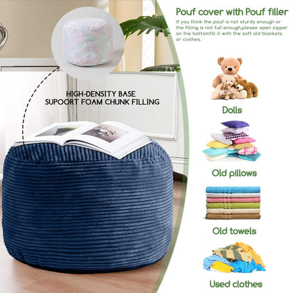 Round Stuffed Pouf Ottoman, Corduroy Poufs with Foam Chunk Filling, Furry and Fluffy Pouf Foot Stool Storage Ottoman, 20 X 15 Floor Poufs Foot Rest for Living Room, Dark Grey
