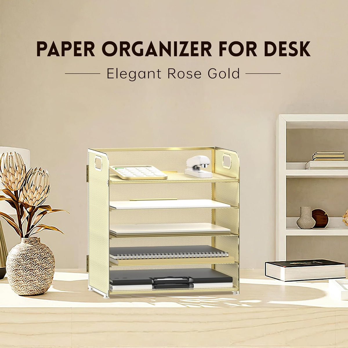 Supeasy 5 Trays Paper Organizer Letter Tray with Handle-Mesh Desk File Holders, Paper Sorter Desk Organizer for Office, Home, Classroom or School