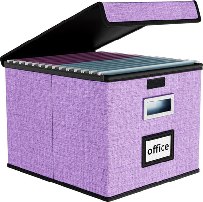 Upgraded Portable File Organizer Box with Lid, Collapsible Linen Hanging Filing Storage Boxes with Plastic Slides, Decorative Home/Office Filing System Box for File and Folders Storage (Gray)