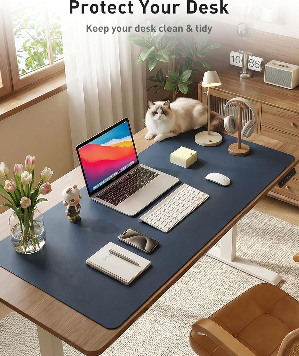 Aothia Leather Office Desk Pad Protector, Non-Slip PU Leather Desk Blotter, Waterproof Laptop Writing Mouse Pad for Office and Home, Black, 31.5" x 15.7" - Colors B