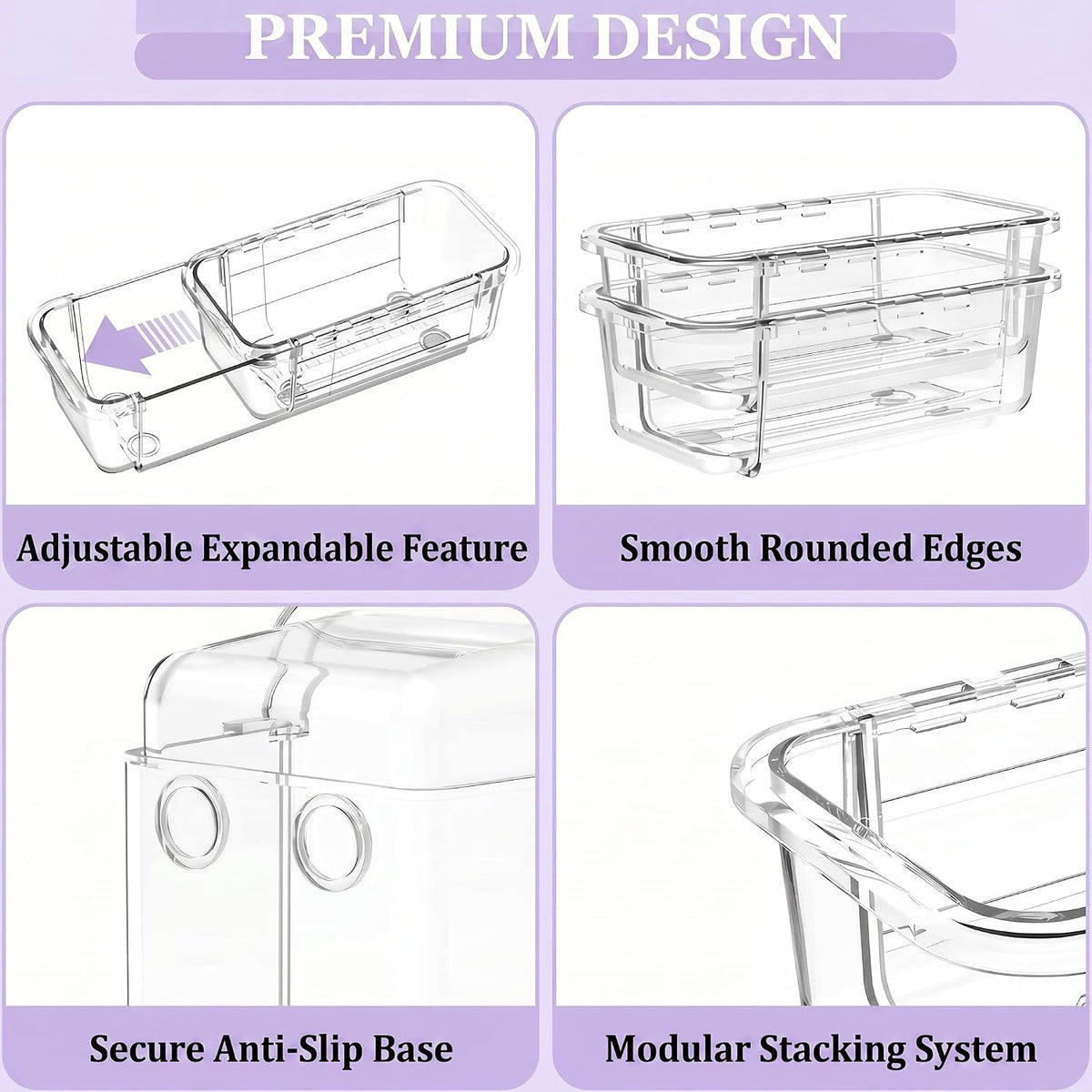 Expandable Clear Drawer Organizer, 3-Size Extendable Drawer Divider, Adjustable Plastic Storage Box, Arcrylic Storage Bins for Makeup Vanity Drawer Dresser DIY Desk Office Kitchen Utensils