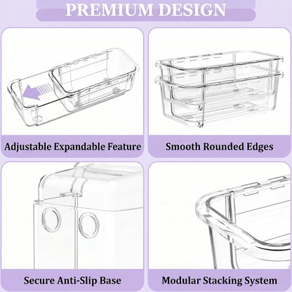 Expandable Clear Drawer Organizer, 3-Size Extendable Drawer Divider, Adjustable Plastic Storage Box, Arcrylic Storage Bins for Makeup Vanity Drawer Dresser DIY Desk Office Kitchen Utensils