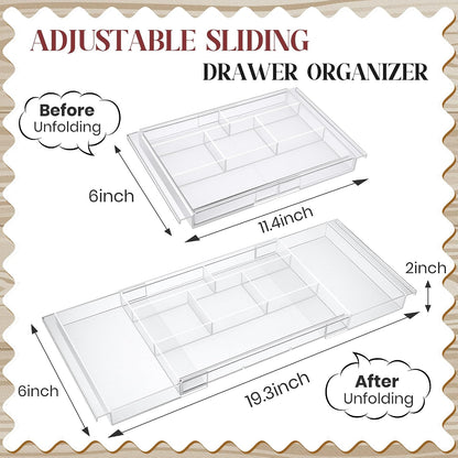2pack Shallow Expandable Drawer Organizer, Adjustable 12.5”–20” Clear Plastic Drawer Organizer Tray for Vanity Bathroom Desk Kitchen Drawers, Multi Compartment Storage