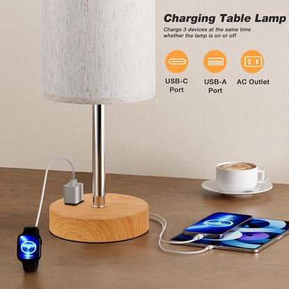 Fenmzee Bedside Table Lamp for Bedroom - Dimmable Touch, USB A+C, AC Outlet