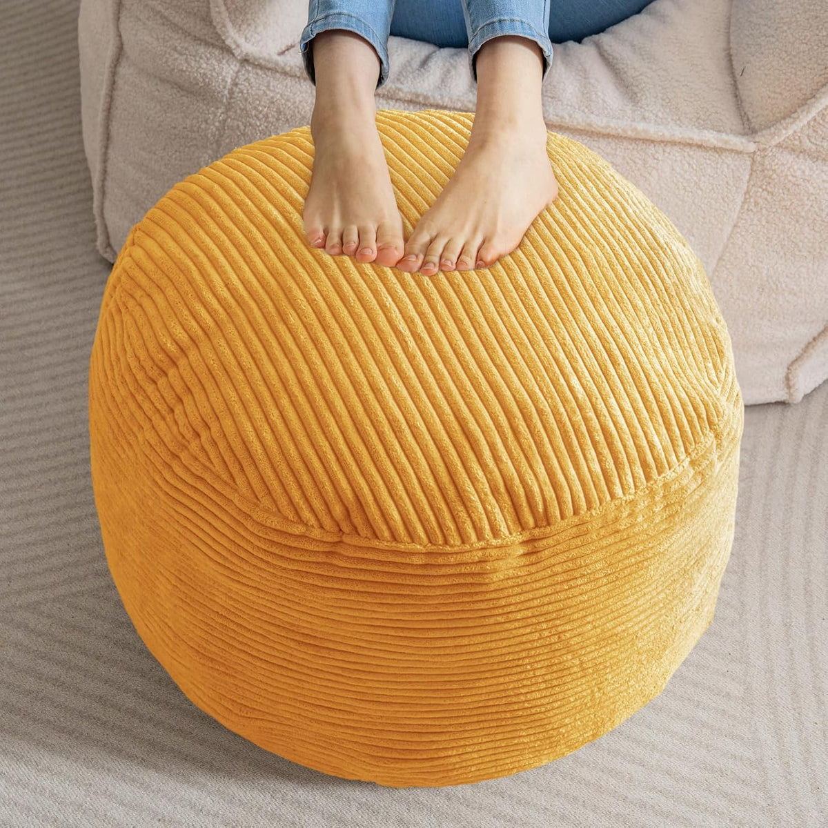 Round Stuffed Pouf Ottoman, Corduroy Poufs with Foam Chunk Filling, Furry and Fluffy Pouf Foot Stool Storage Ottoman, 20 X 15 Floor Poufs Foot Rest for Living Room, Dark Grey