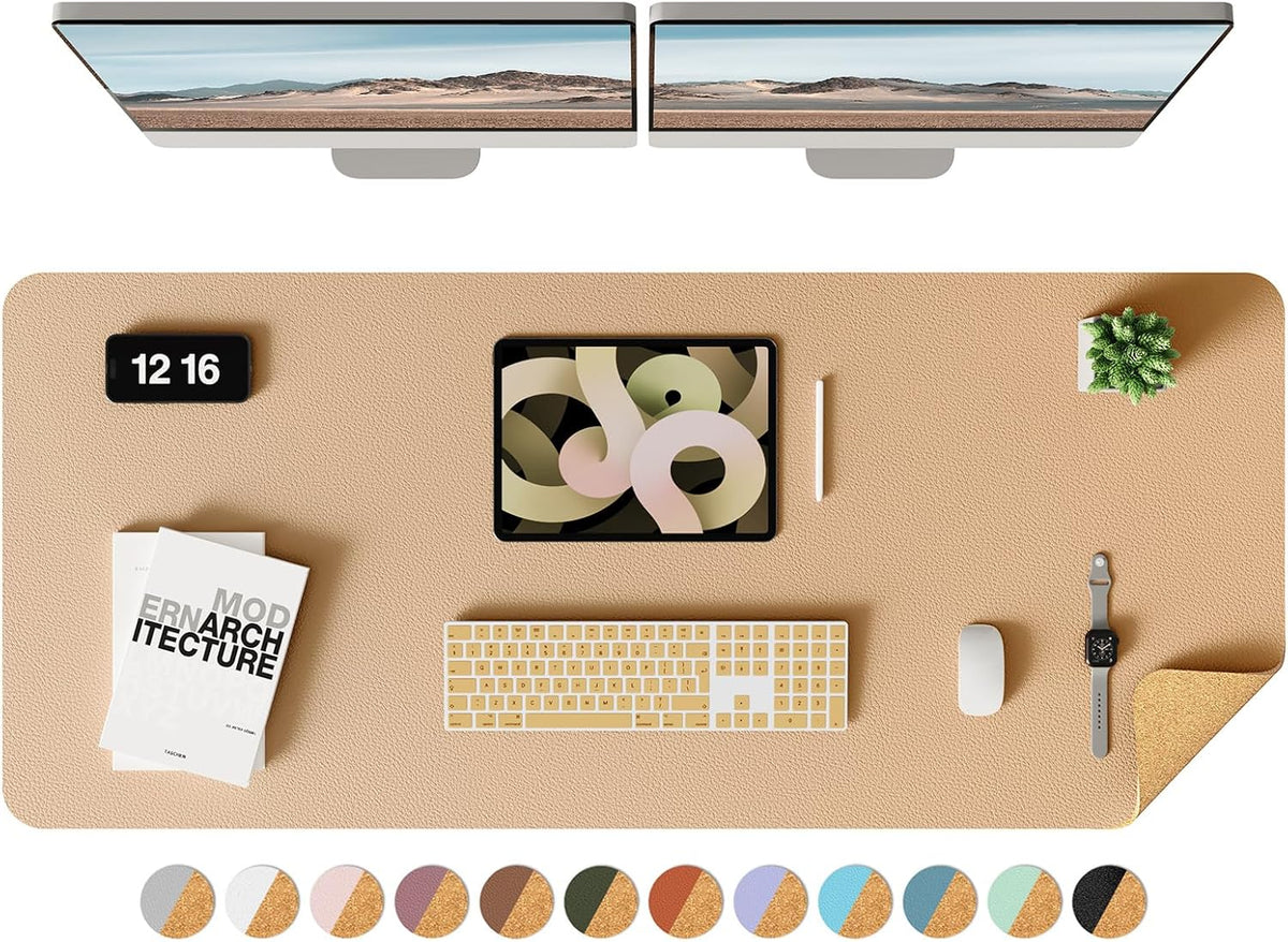 Double-Sided Desk Pad, 31.5"x15.7"Leather Desk Mat, Eco Cork Desk Pad Protector,Large Mouse Pad,Waterproof Desk Blotter for Office/Home(Coffee)