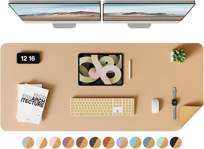 Double-Sided Desk Pad, 31.5"x15.7"Leather Desk Mat, Eco Cork Desk Pad Protector,Large Mouse Pad,Waterproof Desk Blotter for Office/Home(Coffee)