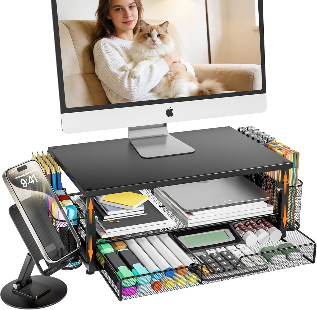 Desk Organizer and Accessories with Cellphone Holder, Height Adjustable 2-Tier Computer Monitor Stand Riser with Drawer and 2 Pen Holders,Office Desk Accessories for Office Supplies, Black