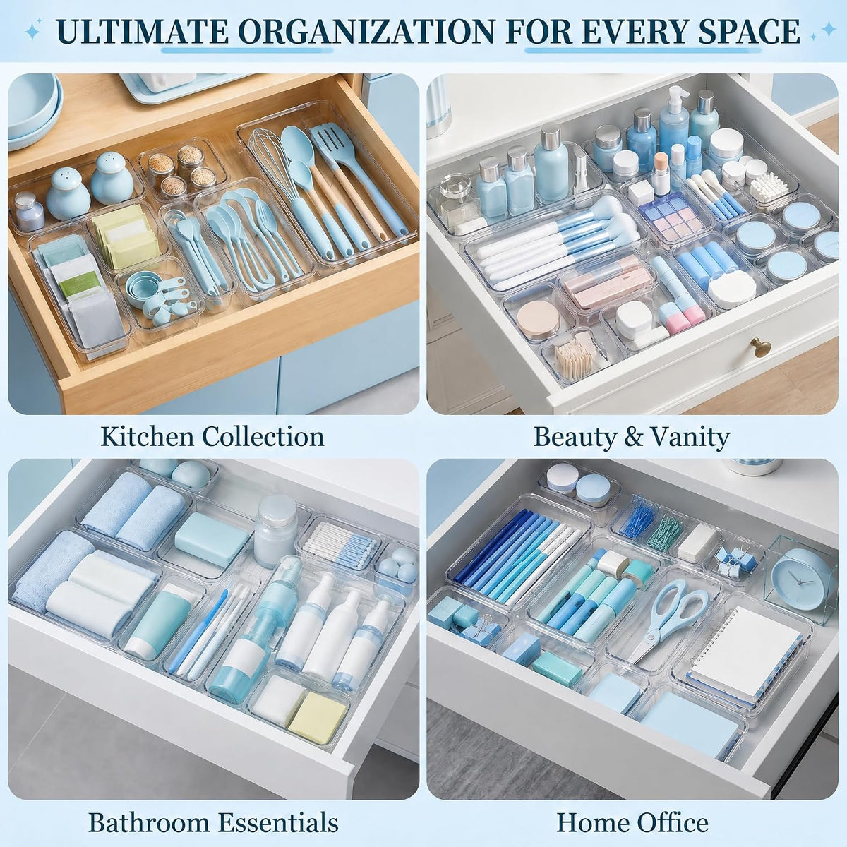 Expandable Clear Drawer Organizer, 3-Size Extendable Drawer Divider, Adjustable Plastic Storage Box, Arcrylic Storage Bins for Makeup Vanity Drawer Dresser DIY Desk Office Kitchen Utensils