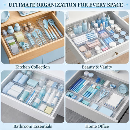 Expandable Clear Drawer Organizer, 3-Size Extendable Drawer Divider, Adjustable Plastic Storage Box, Arcrylic Storage Bins for Makeup Vanity Drawer Dresser DIY Desk Office Kitchen Utensils