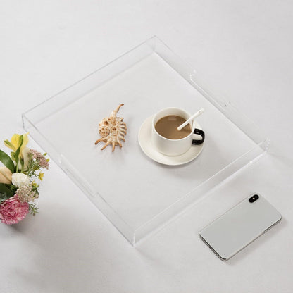 KEVLANG Glossy White Sturdy Acrylic Serving Tray with Handles-12x20 Inch-Serving Coffee Appetizer Breakfast-Kitchen Countertop Makeup Drawer Organizer-Vanity Table Ottoman Decorative Tray