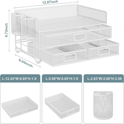 Marbrasse 3 Tier Mesh Desk Organizer with Drawer, Multi-Functional Desk Organizers and Accessories, Paper Letter Organizer with 2 Pen Holder for Home Office Supplies (Black)