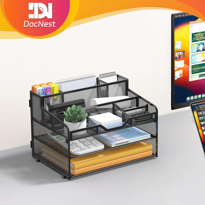 Docnest 5 Tier Mesh Desk Organizer for Paper Office Supplies – Multi-Functional Letter Tray with 5 Adjustable Compartments, 3 Pen Holders, Desktop Storage for Files, Mail, Stationery – Black