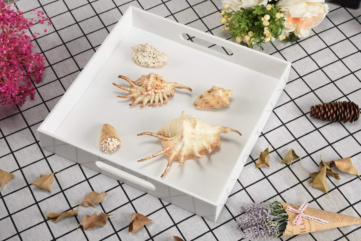 KEVLANG Glossy White Sturdy Acrylic Serving Tray with Handles-12x20 Inch-Serving Coffee Appetizer Breakfast-Kitchen Countertop Makeup Drawer Organizer-Vanity Table Ottoman Decorative Tray
