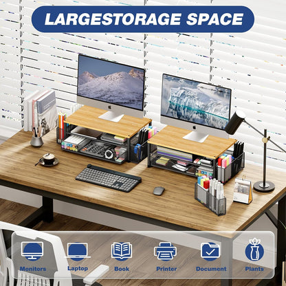 Desk Organizers and Accessories, Computer Monitor Stand Riser with Drawer and 2 Pen Holders, Printer & Laptop Stand, Office Desk Accessories & Workspace Organizers for Home Office Supplies, Black