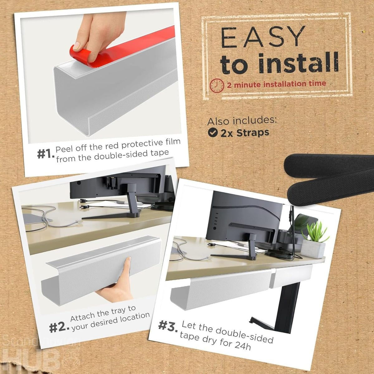 No-Screw Under Desk Cable Management Tray - Self-Adhesive Installation, Cord Management, Cable Tray, Under Desk Wire Organizer - Black Set of 2