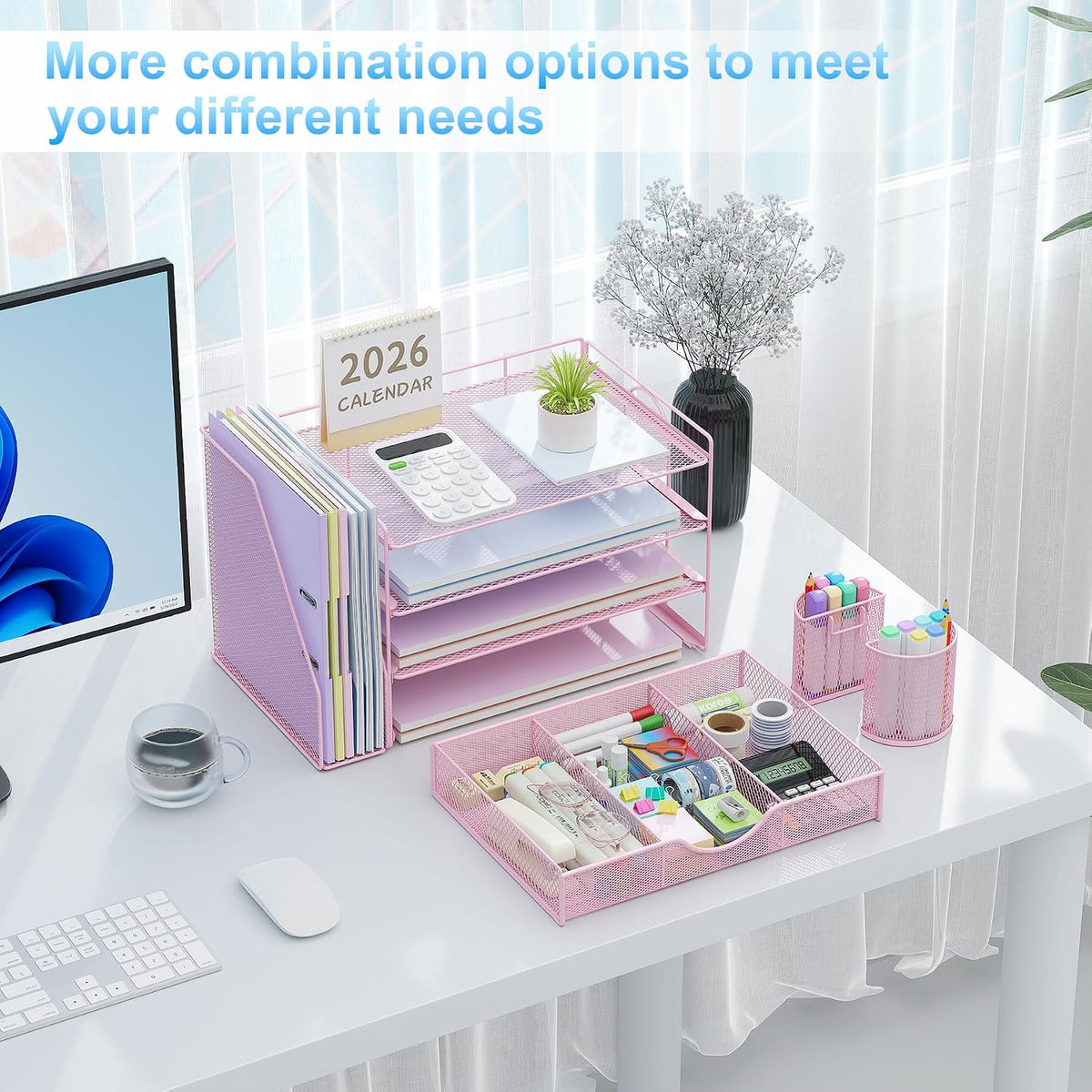 gianotter Desk Organizers and Accessories with File Holder, 4-Tier Desk Accessories & Workspace Organizers with Drawer and 2 Pen Holder, Paper Organizer for Office Supplies (Rose Gold)