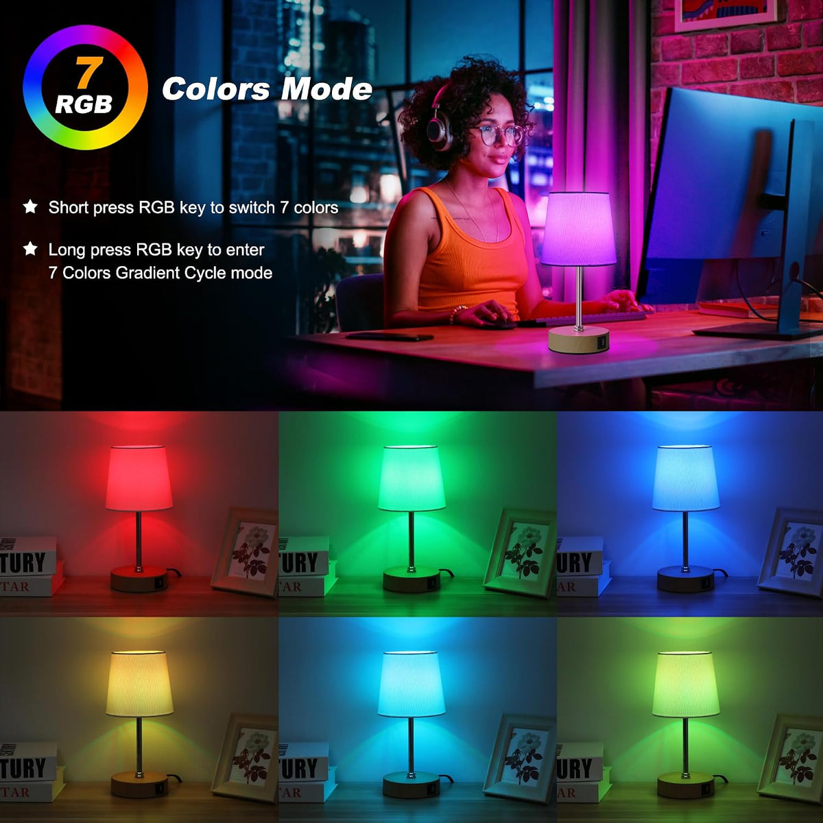 Ascher Small Bedside Table lamp, RGB Color Changing Lamps, 3 Color Temperatures, Dimmable Nightstand Lamp with USB C+A Ports, Touch Desk Lamp for Bedroom Living Room, H11.4in(Flaxen Shade)