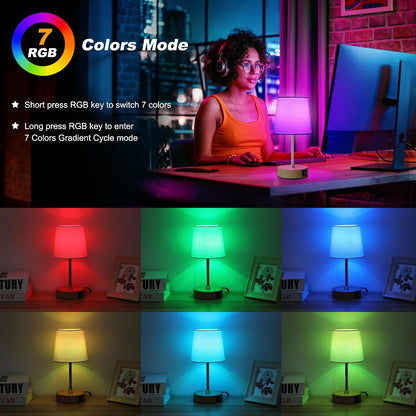 Ascher Small Bedside Table lamp, RGB Color Changing Lamps, 3 Color Temperatures, Dimmable Nightstand Lamp with USB C+A Ports, Touch Desk Lamp for Bedroom Living Room, H11.4in(Flaxen Shade)