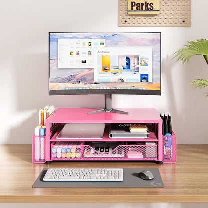 Desk Organizers and Accessories, Computer Monitor Stand Riser with Drawer and 2 Pen Holders, Printer & Laptop Stand, Office Desk Accessories & Workspace Organizers for Home Office Supplies, Black