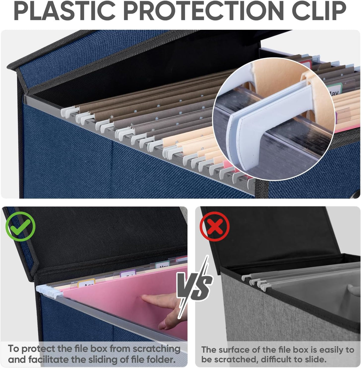 BALEINE File Organizer Box with Lid, Collapsible File Folder Organizer with Plastic Slide, Hanging File Folder Box for Office Document Storage (Black)