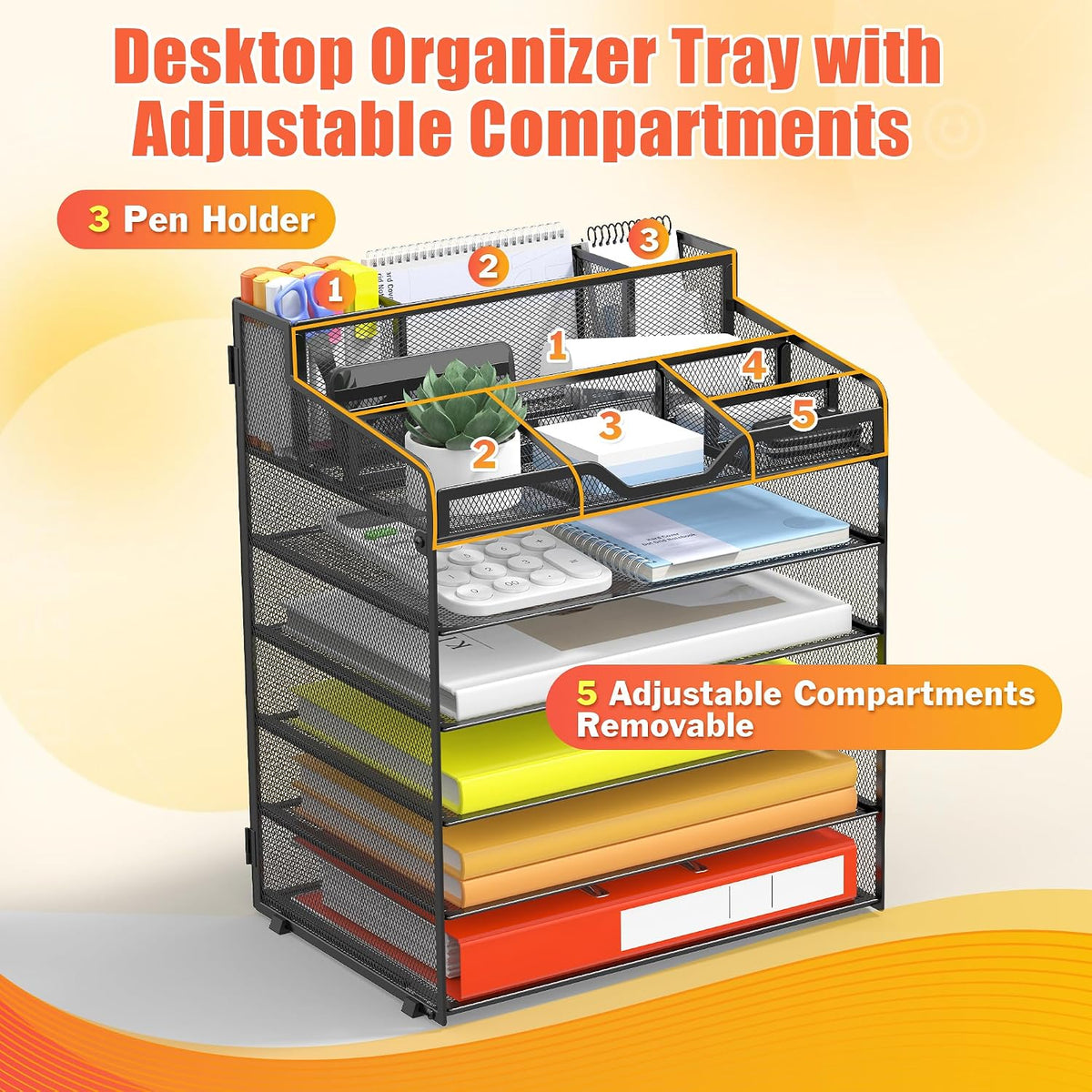 Docnest 5 Tier Mesh Desk Organizer for Paper Office Supplies – Multi-Functional Letter Tray with 5 Adjustable Compartments, 3 Pen Holders, Desktop Storage for Files, Mail, Stationery – Black