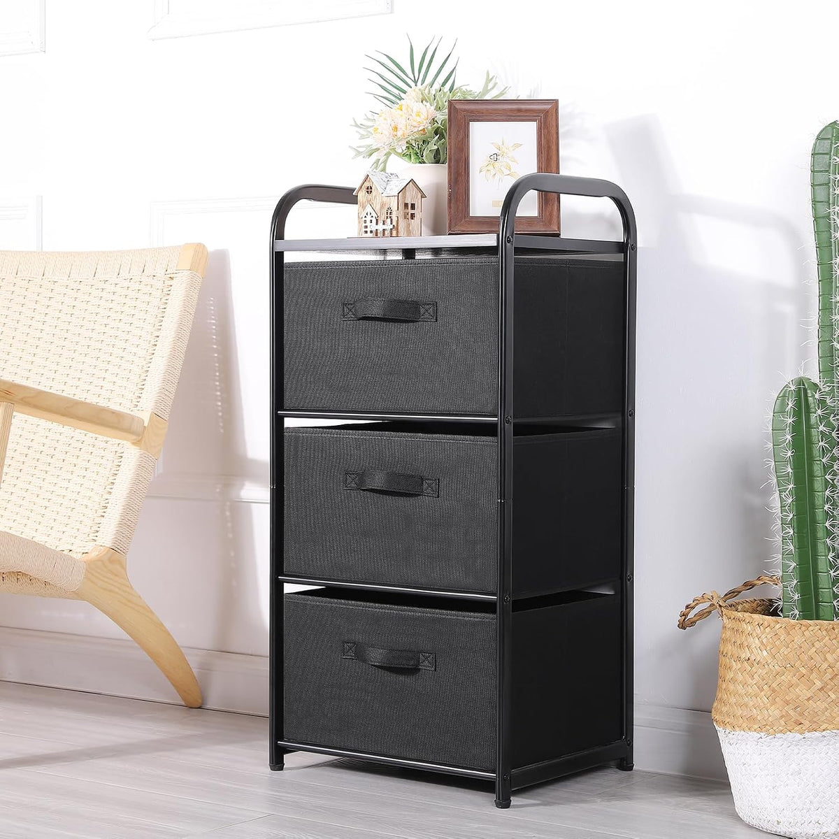 Dresser Storage with 3 Drawers, Fabric Dresser Tower, Vertical Storage Unit for Bedroom, Closet, Office, Black