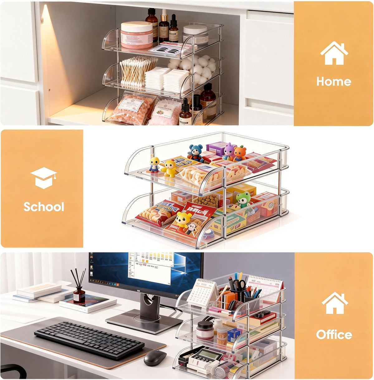 Desk Organizer and Storage,3-Tier File Paper Tray Organizers,Stackable Clear Desktop Organizer for Documents,Book Magazine Storage,Office Supplies (Clear,3 Pack)
