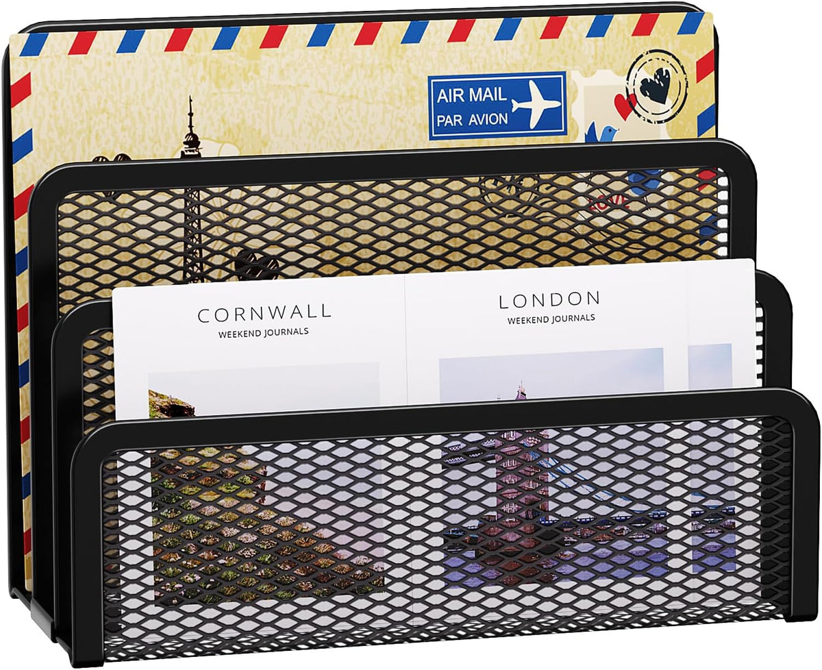 Marbrasse Mail Organizer for Desk, 3-Slot Mesh Metal Mail Holder countertop, Letter Holder, Office Desktop Envelope and Document Storage Rack (2P)