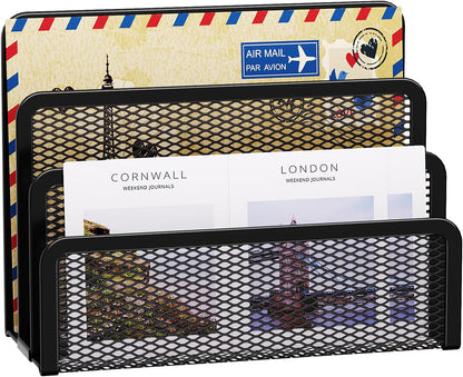 Marbrasse Mail Organizer for Desk, 3-Slot Mesh Metal Mail Holder countertop, Letter Holder, Office Desktop Envelope and Document Storage Rack (2P)