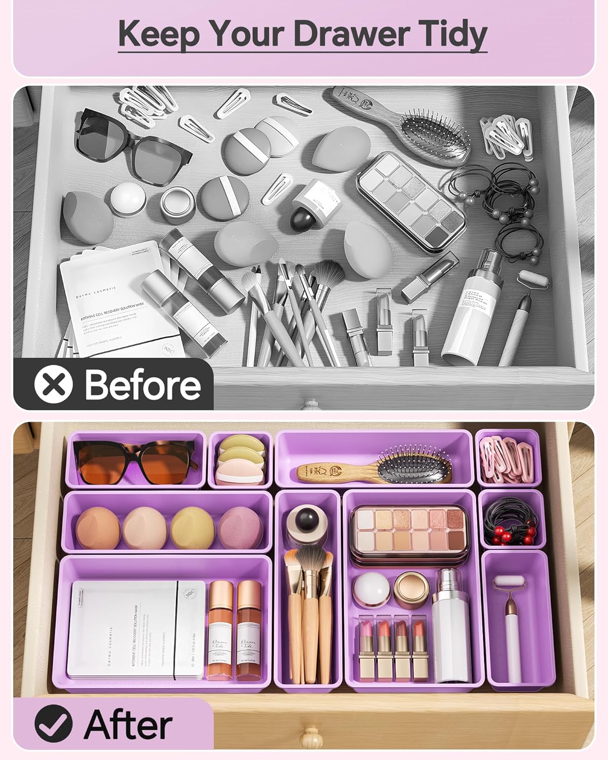 KEMETHY 25 PCS Plastic Drawer Organizers Set, 4 Sizes Vanity Organizer, Makeup and Desk Drawer Organizer Trays, Organization and Storage for Makeup, Bathroom, Kitchen Utensils and Office (Black)