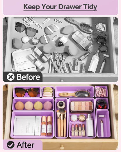 KEMETHY 25 PCS Plastic Drawer Organizers Set, 4 Sizes Vanity Organizer, Makeup and Desk Drawer Organizer Trays, Organization and Storage for Makeup, Bathroom, Kitchen Utensils and Office (Black)