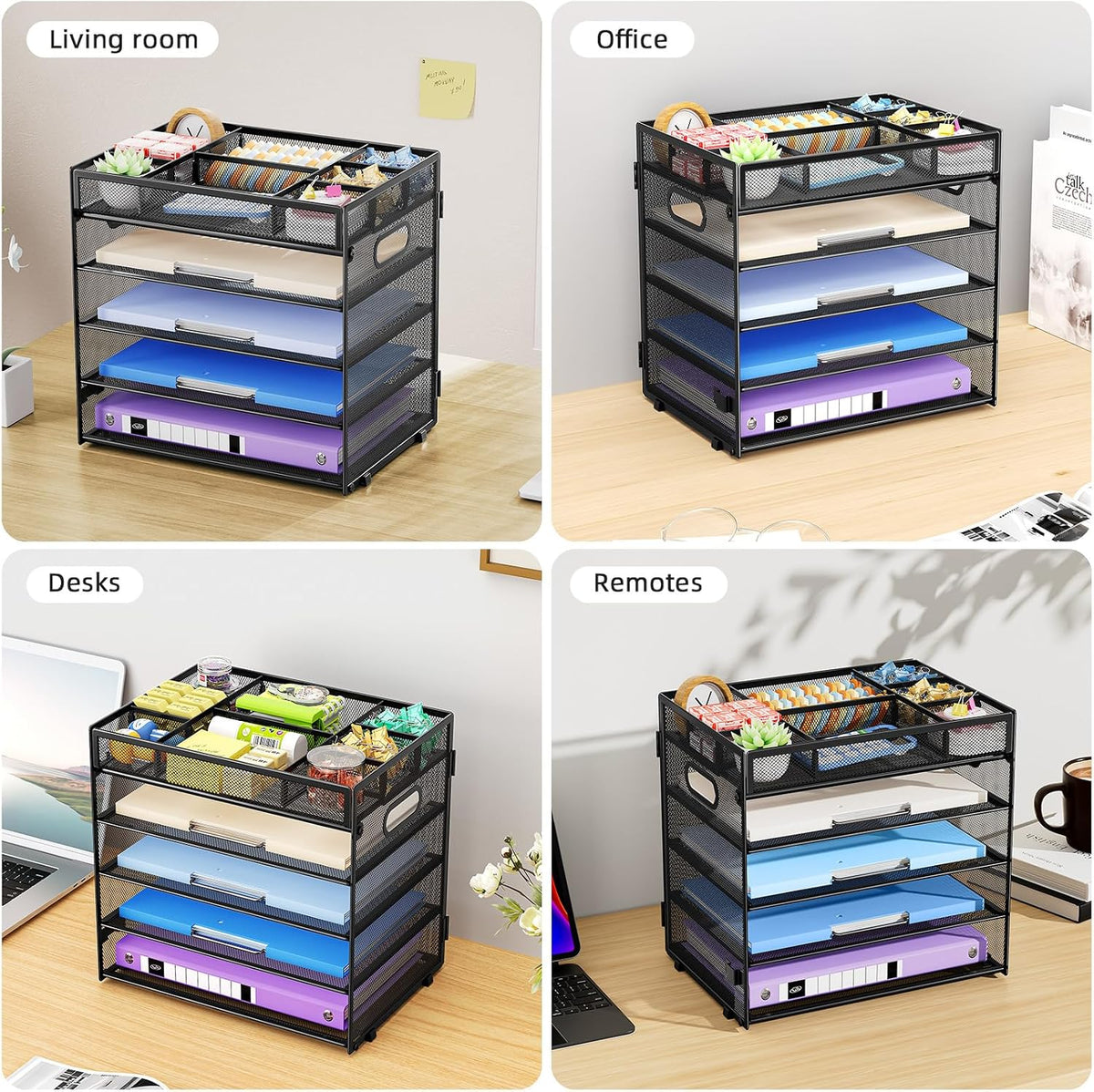 Marbrasse 5 Tier Paper Organizer Letter Tray, Mesh Desk File Organizer with Handle, Paper Sorter Desk Organizer for Home Office Supplies - Black, Adjustable