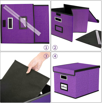 Upgraded Portable File Organizer Box with Lid, Collapsible Linen Hanging Filing Storage Boxes with Plastic Slides, Decorative Home/Office Filing System Box for File and Folders Storage (Gray)